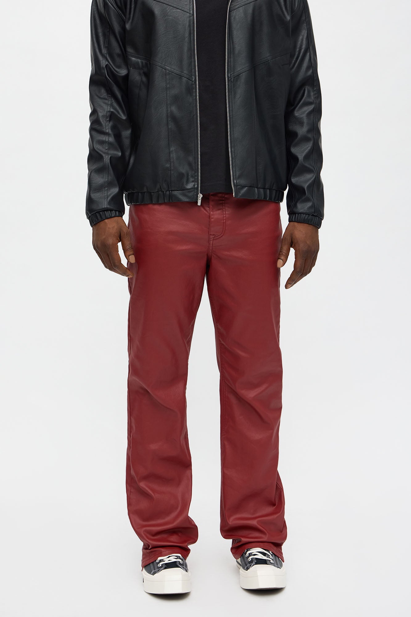 Stacked Slim Flare Wax Coated Slit Jean - Burgundy