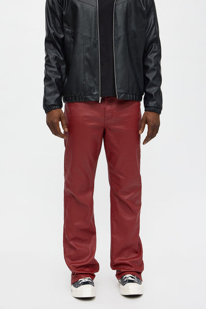 Stacked Slim Flare Wax Coated Slit Jean - Burgundy