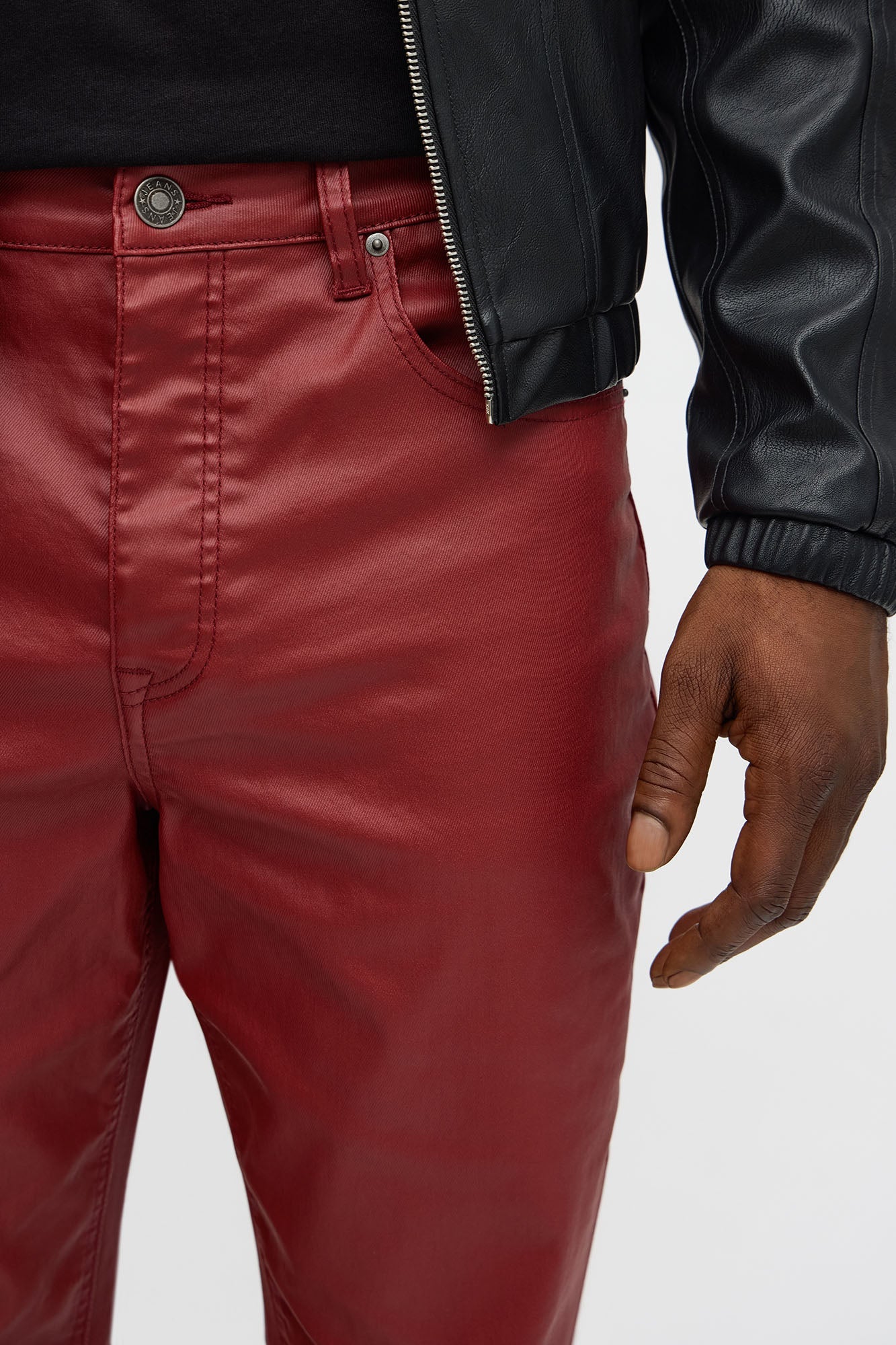 Stacked Slim Flare Wax Coated Slit Jean - Burgundy