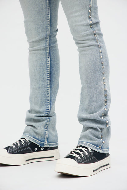 Stacked Skinny Flare Spike It Studded Jean - Light Wash