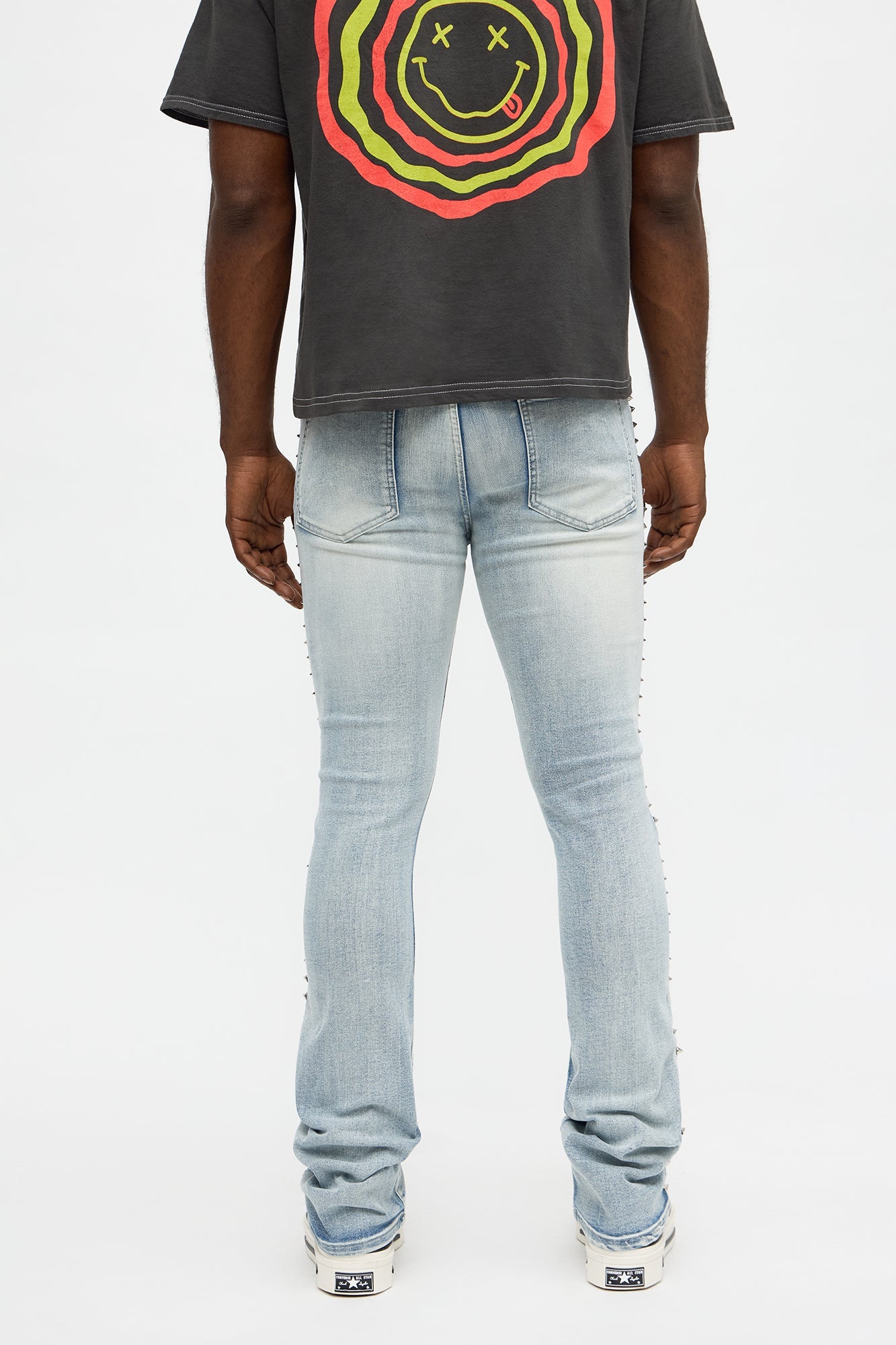 Stacked Skinny Flare Spike It Studded Jean - Light Wash