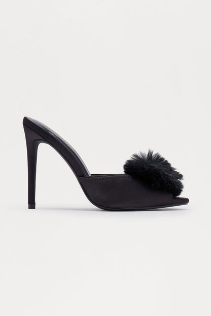Shayla Faux Fur Satin Heels - Black