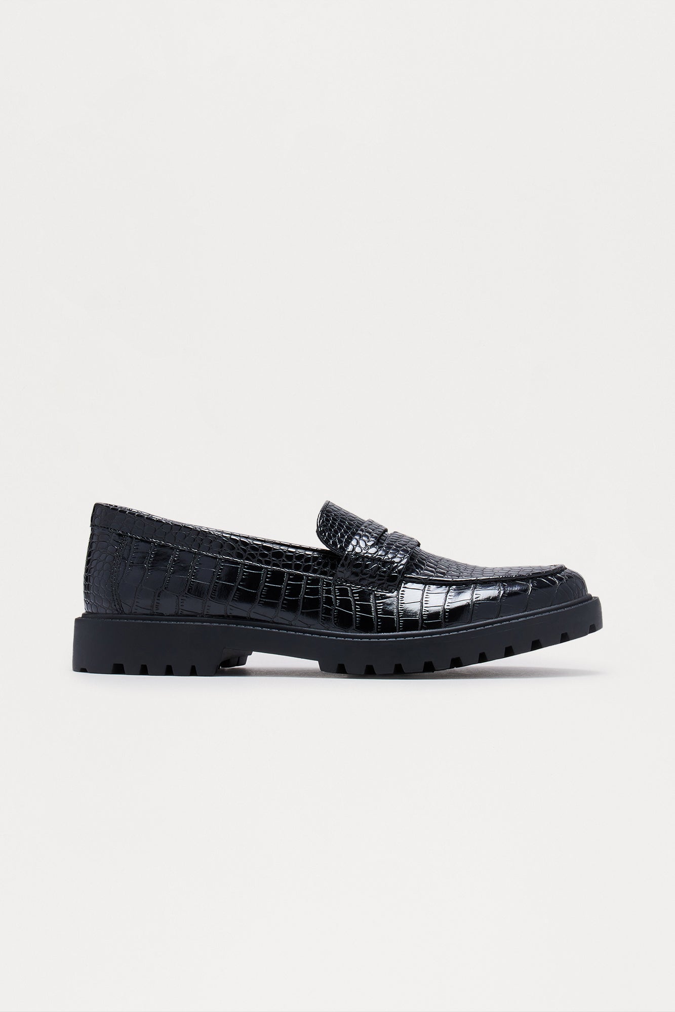 Croc Slip On Chunky Faux Leather Loafer - Black