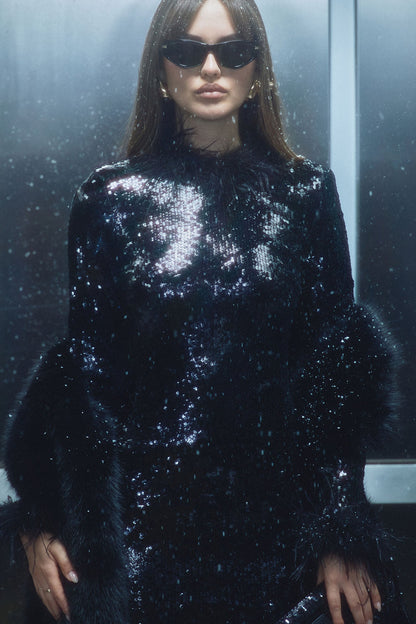 High Glam Feathered Sequin Maxi Dress - Black