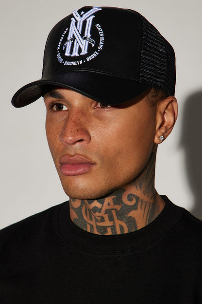 NY Faux Leather Trucker Hat - Black