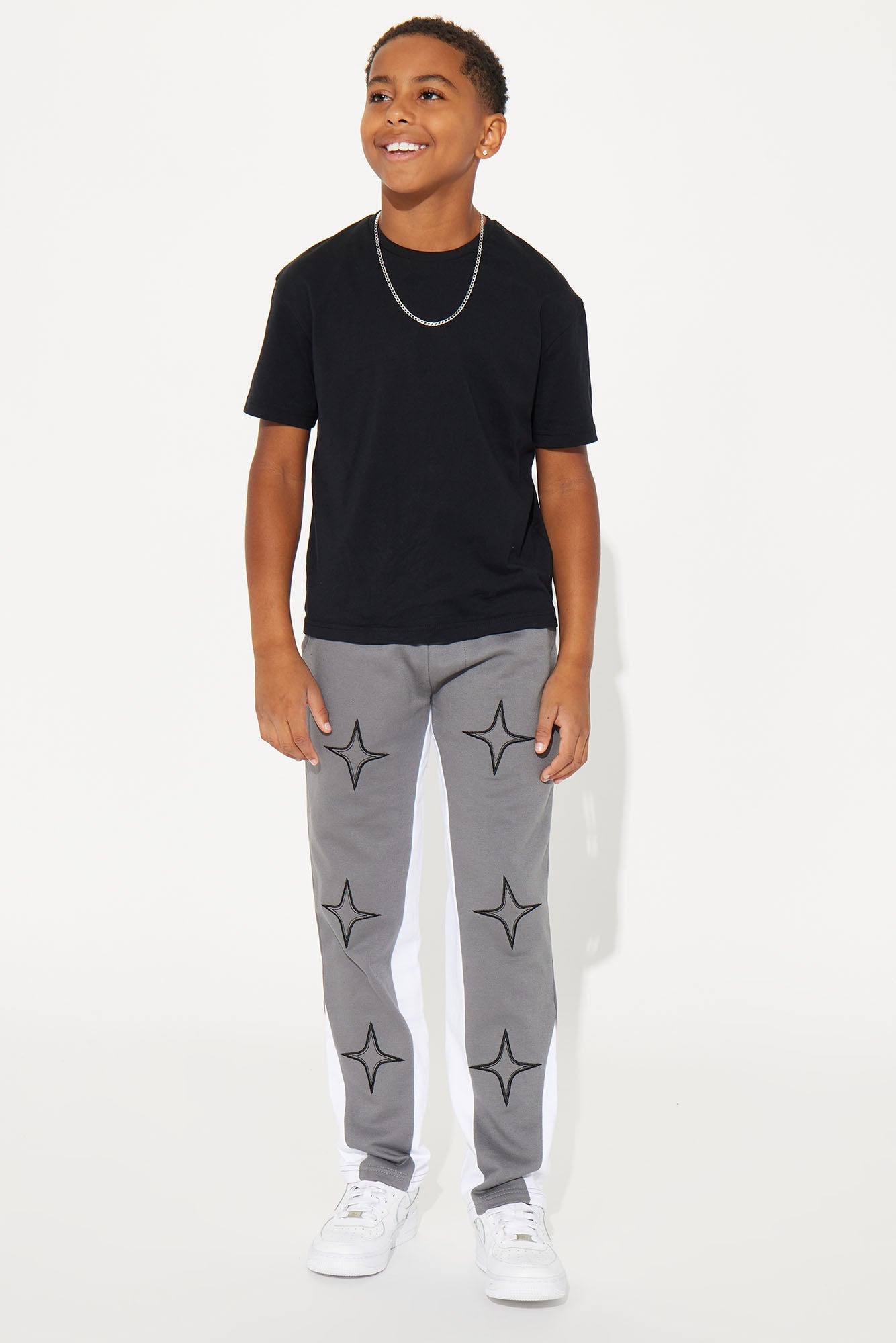 Mini Star Sight Patched Fleece Straight Bottom Pant - Charcoal