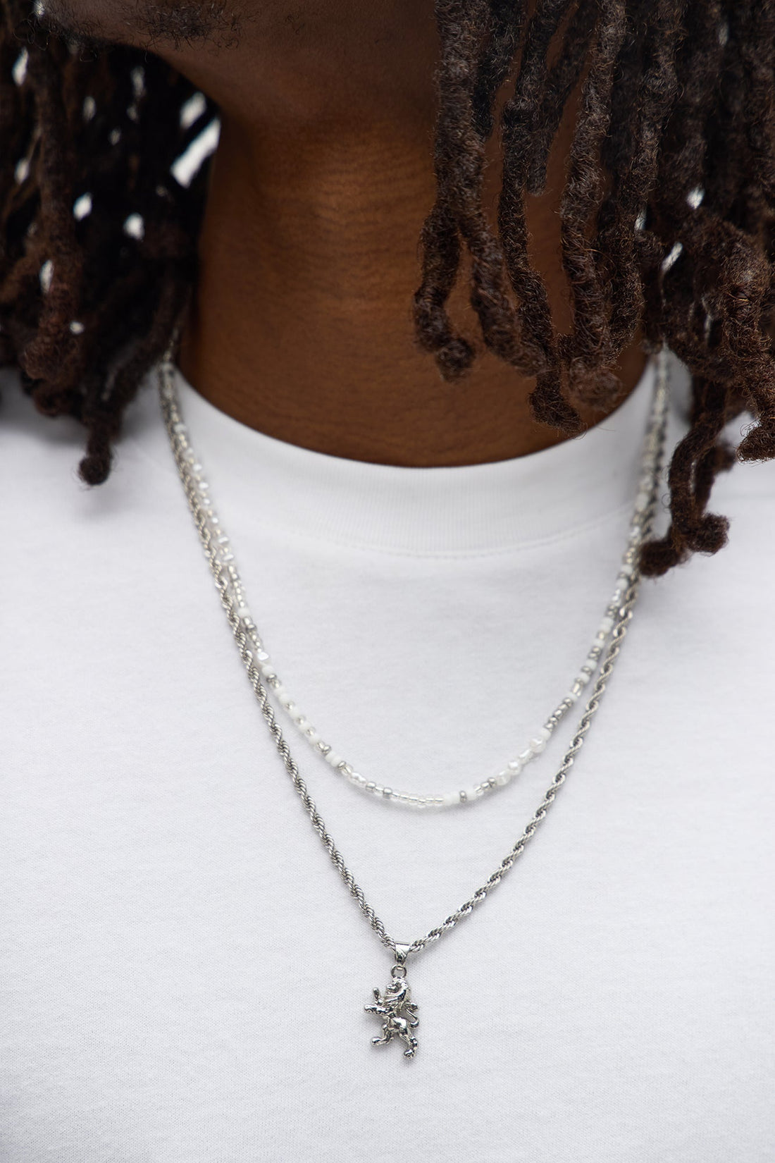 Lion Pendant Beaded Necklace Set - Silver/Combo