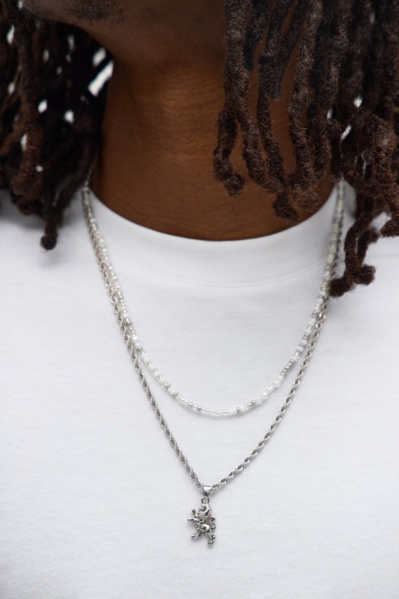 Lion Pendant Beaded Necklace Set - Silver/Combo