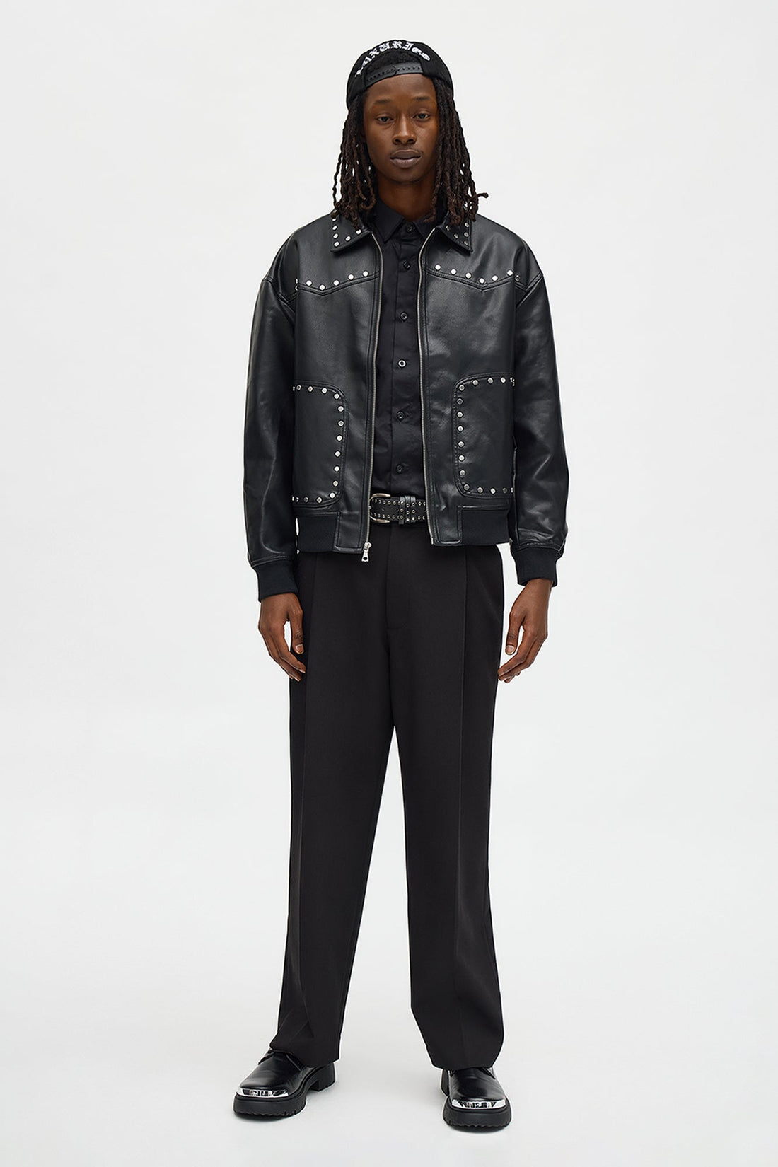 Relaxed Riff Studded Faux Leather Bomber Jacket - Black