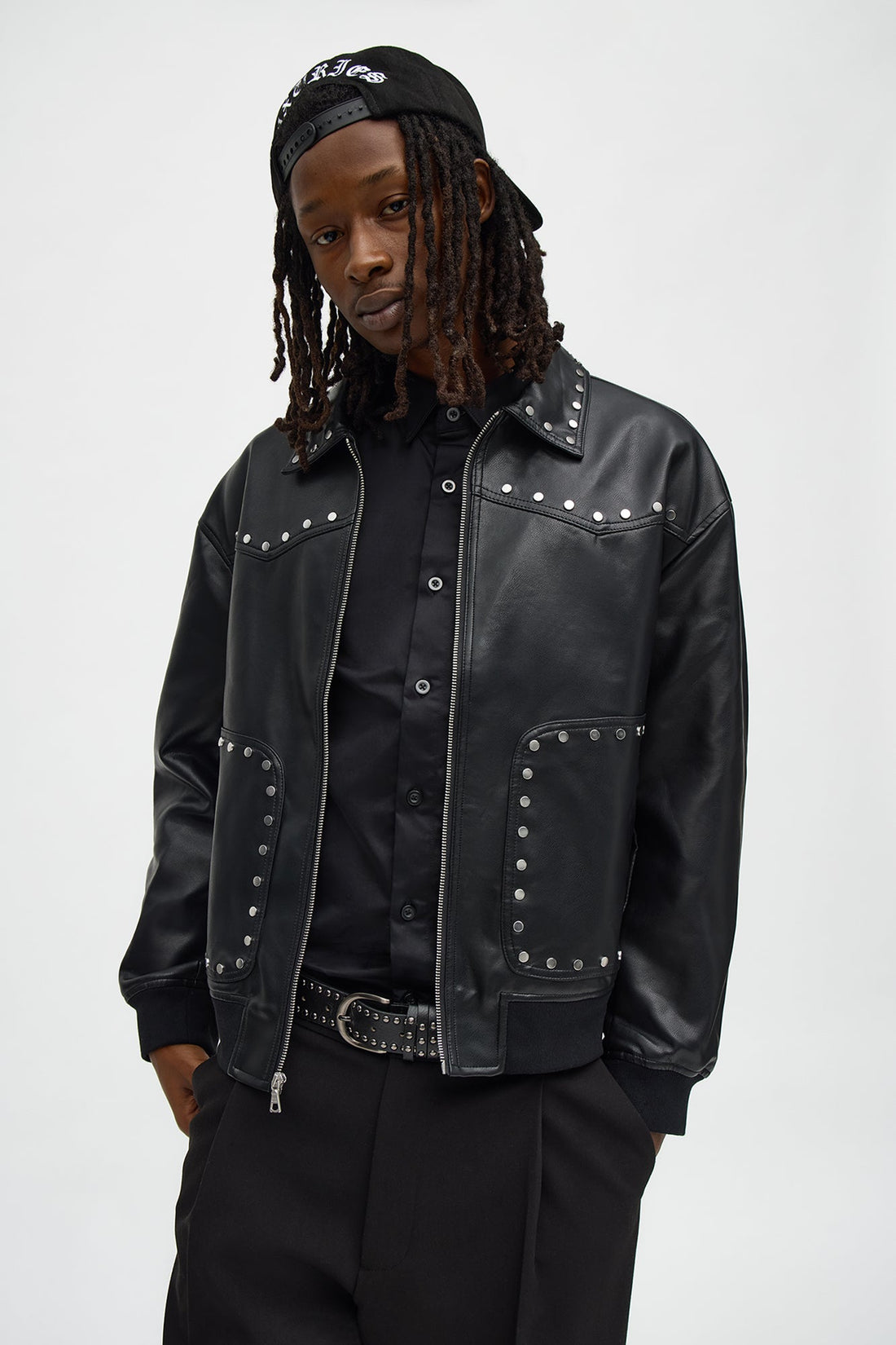Relaxed Riff Studded Faux Leather Bomber Jacket - Black