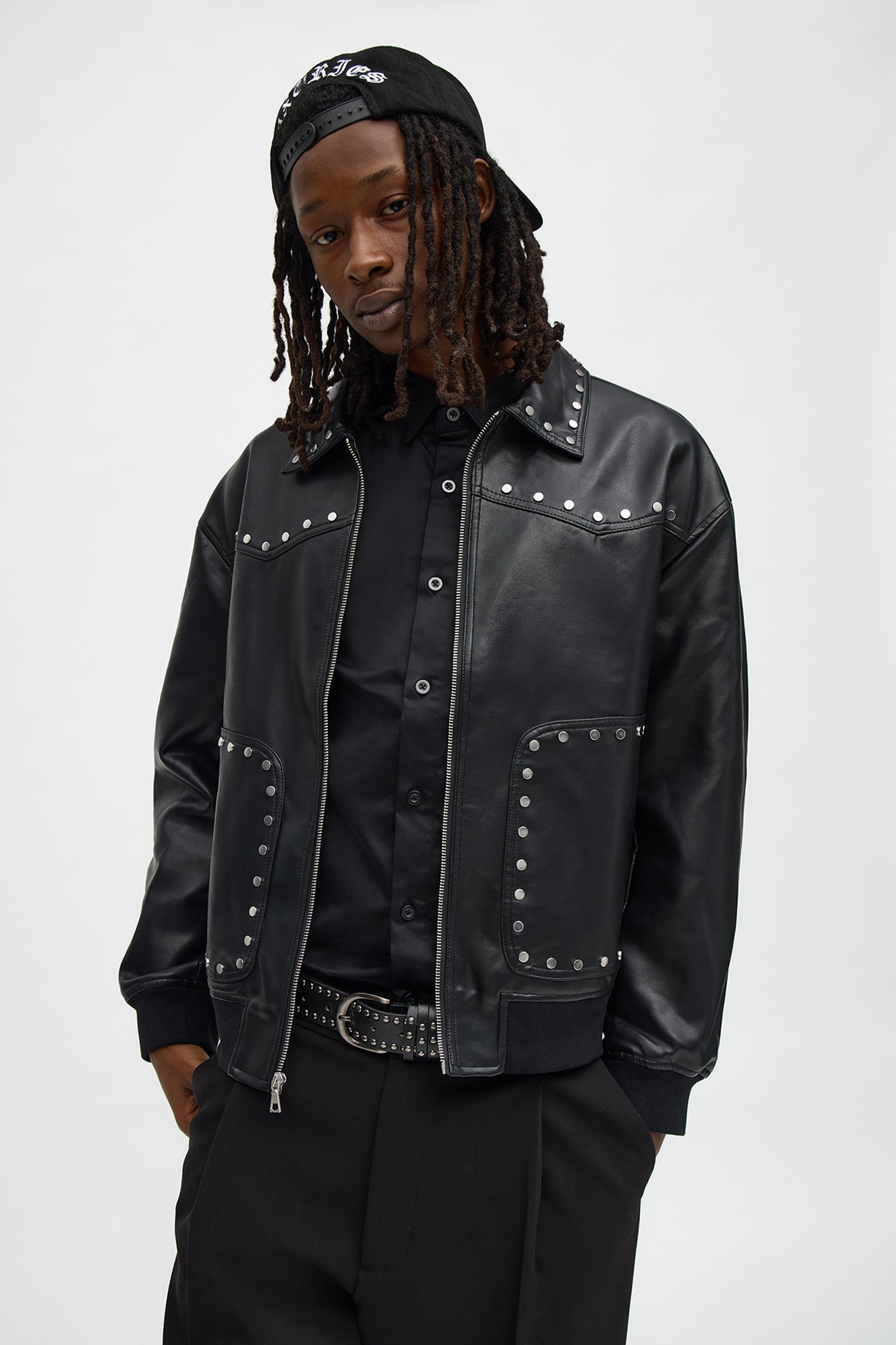 Relaxed Riff Studded Faux Leather Bomber Jacket - Black