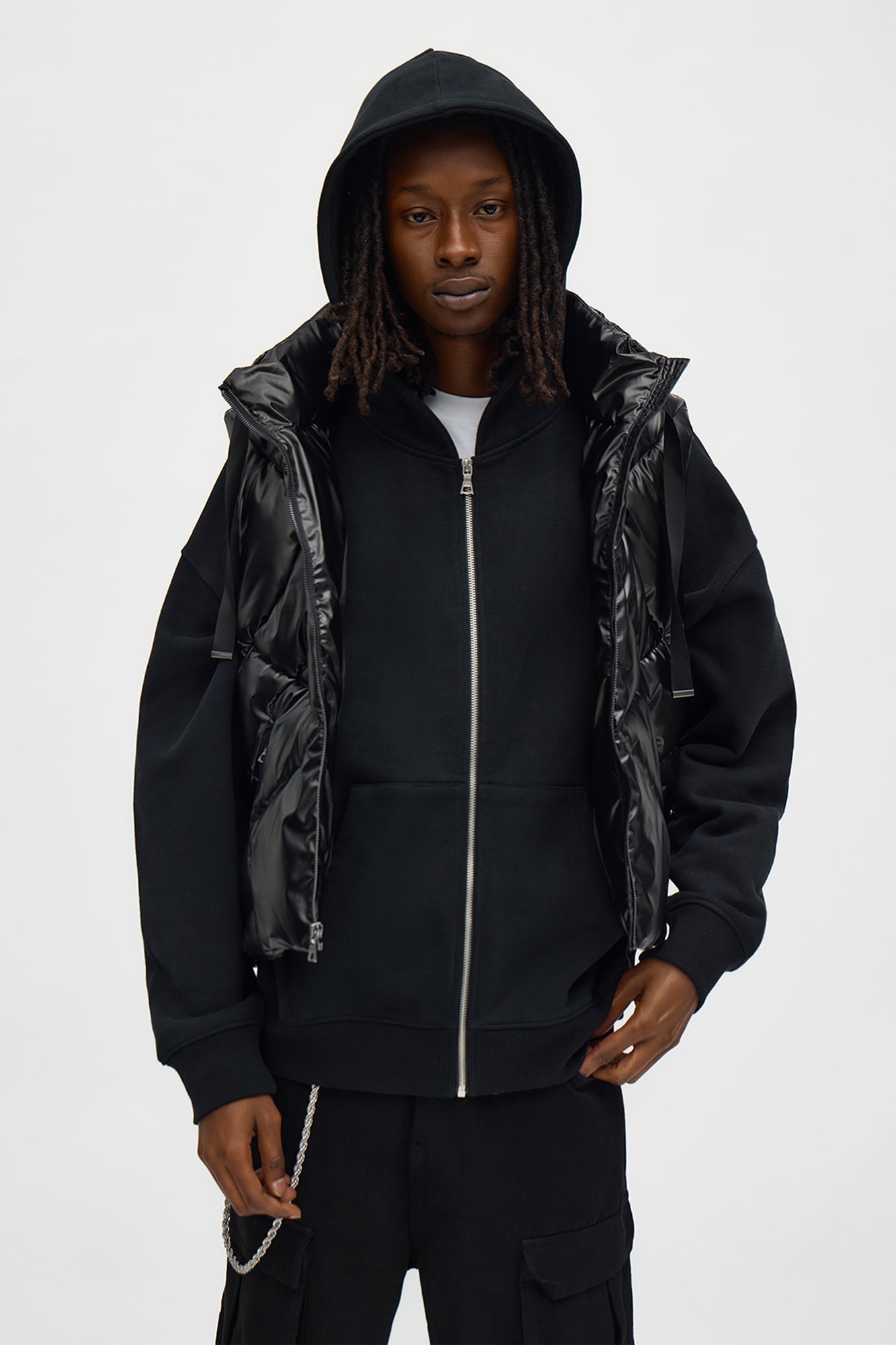 Cropped Quilted Hooded Puffer Vest - Black