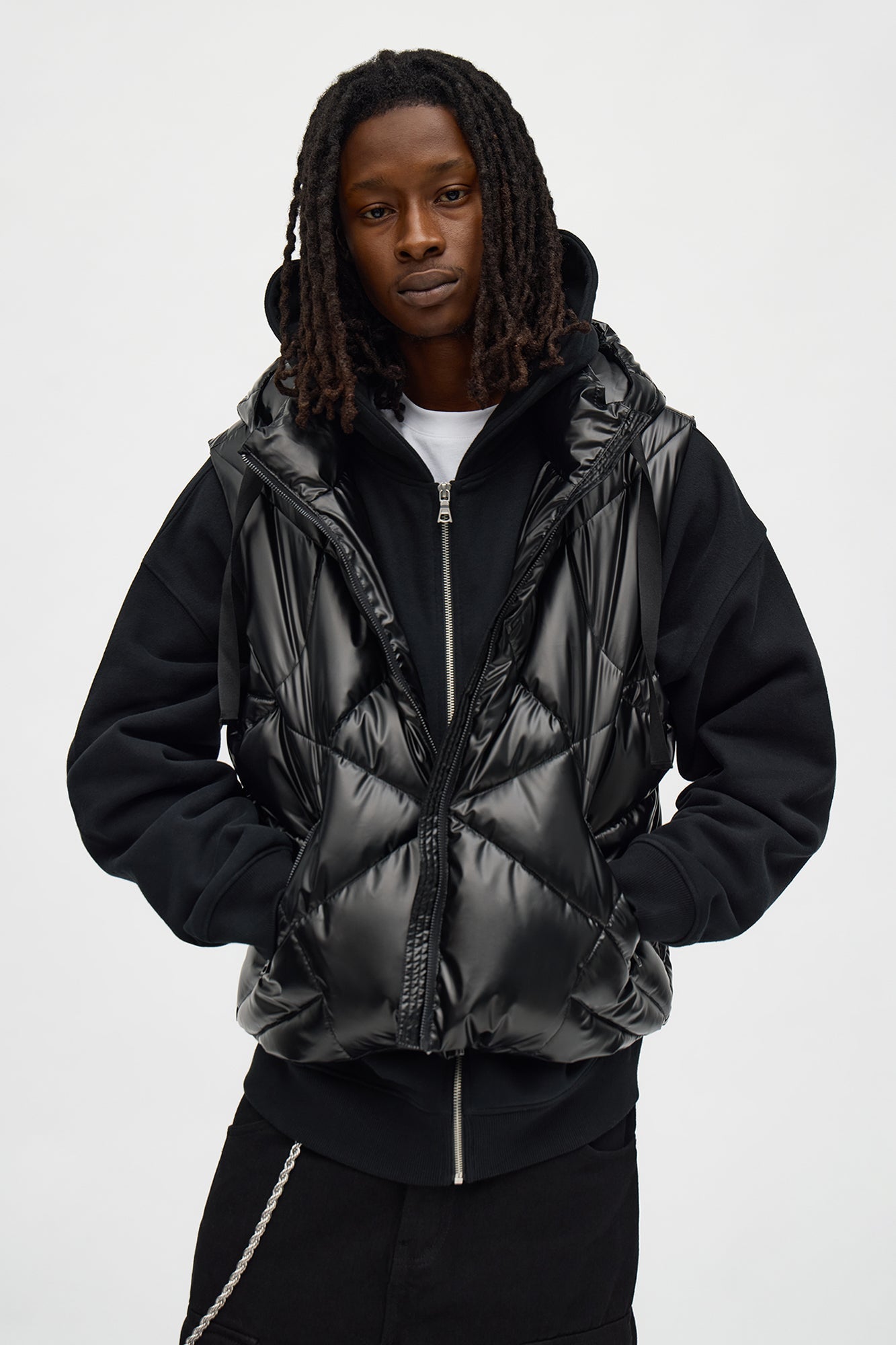 Cropped Quilted Hooded Puffer Vest - Black