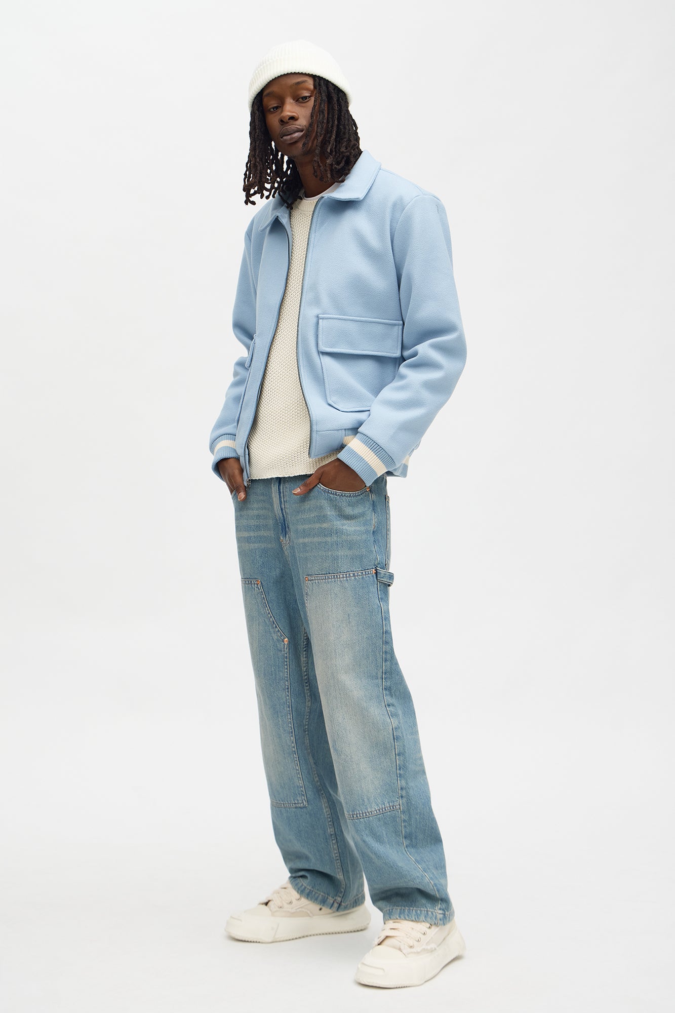 Retro Rib Wool Varsity Jacket - Light Blue