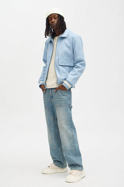 Retro Rib Wool Varsity Jacket - Light Blue