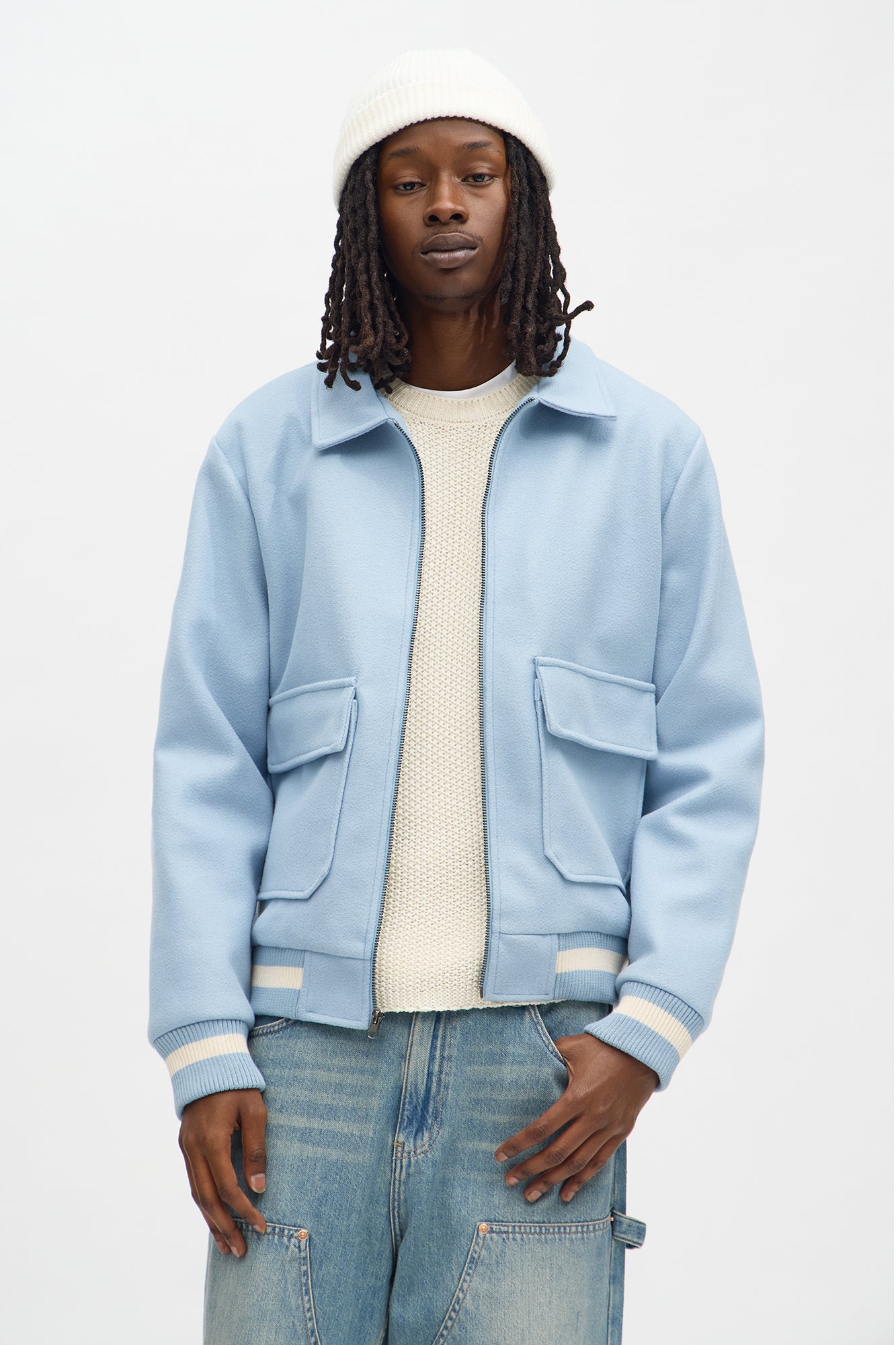 Retro Rib Wool Varsity Jacket - Light Blue