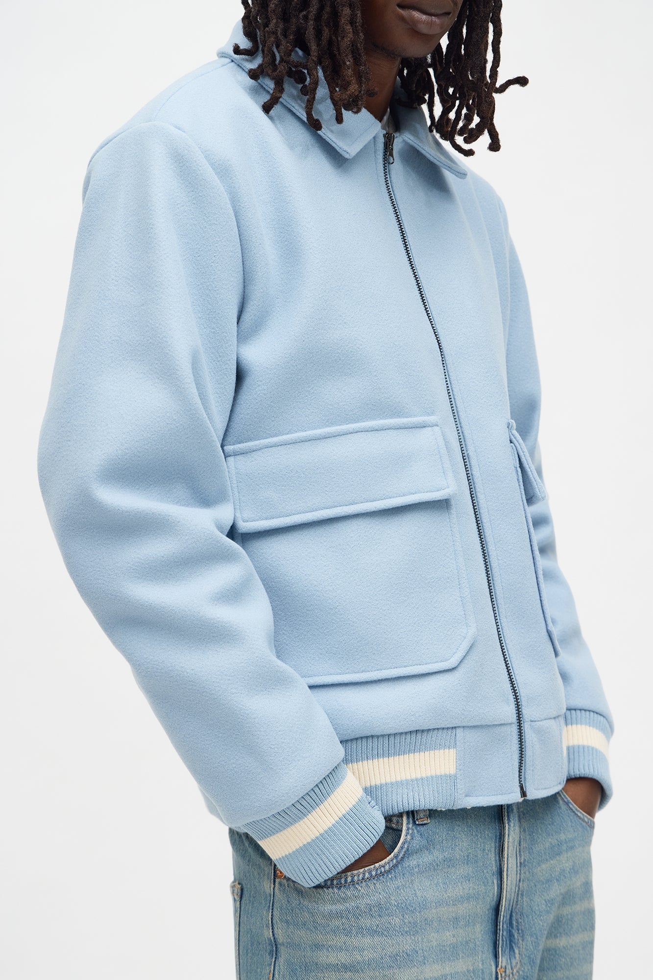 Retro Rib Wool Varsity Jacket - Light Blue