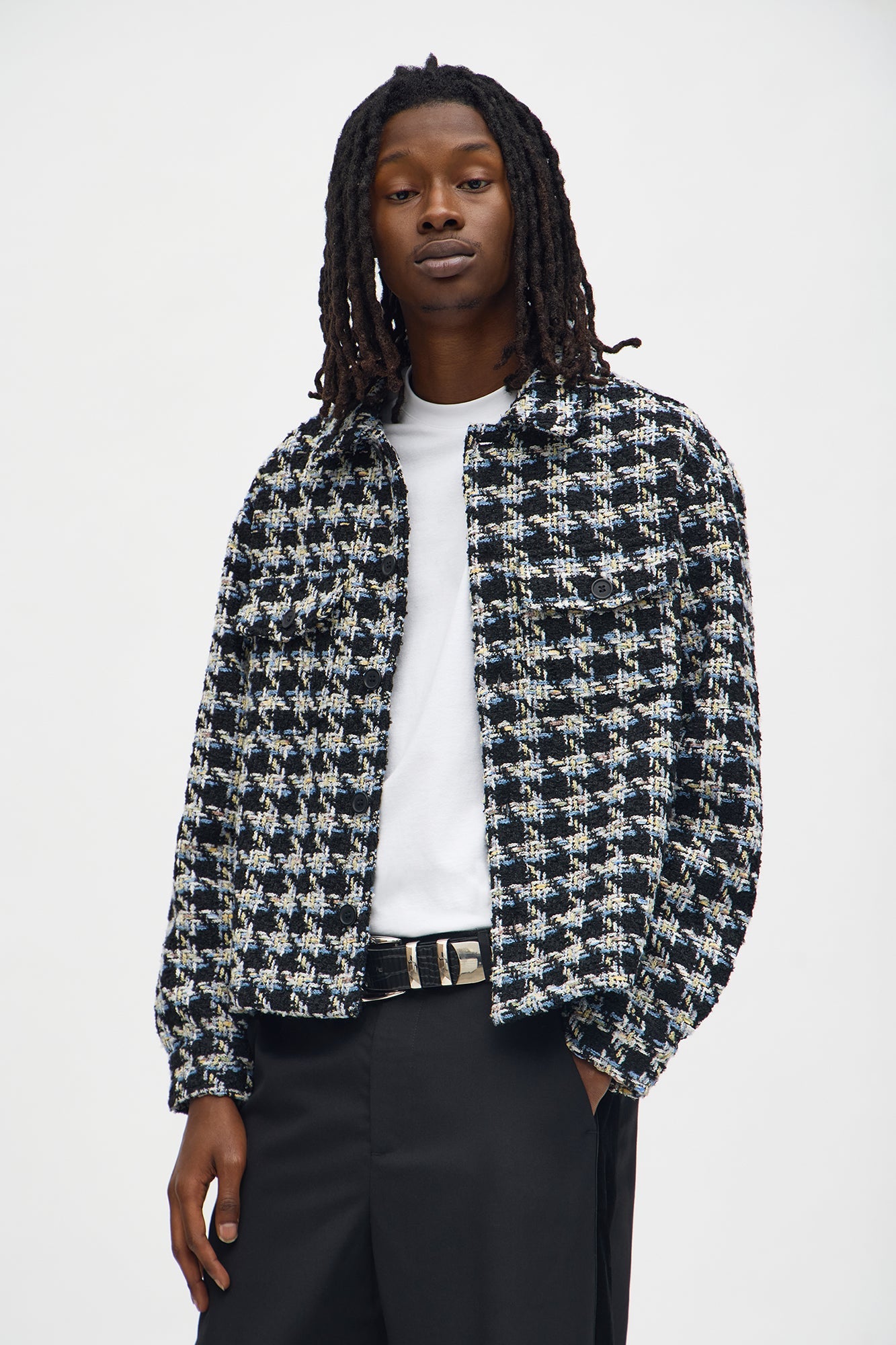 Cropped Textured Boucle Houndstooth Shacket - Black