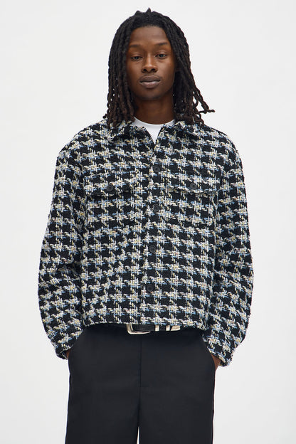 Cropped Textured Boucle Houndstooth Shacket - Black
