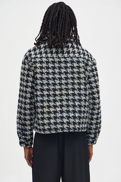 Cropped Textured Boucle Houndstooth Shacket - Black