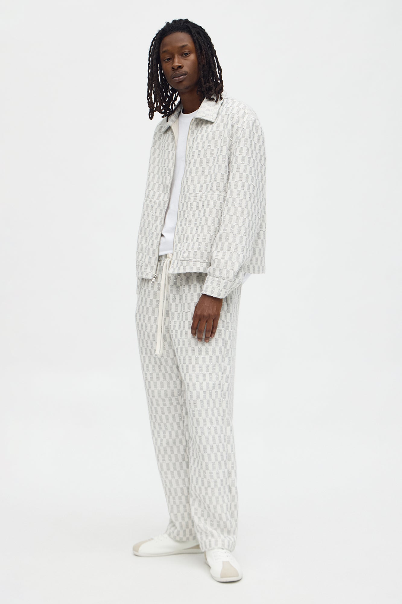 Relaxed Cropped Checker Work Jacket - Cream