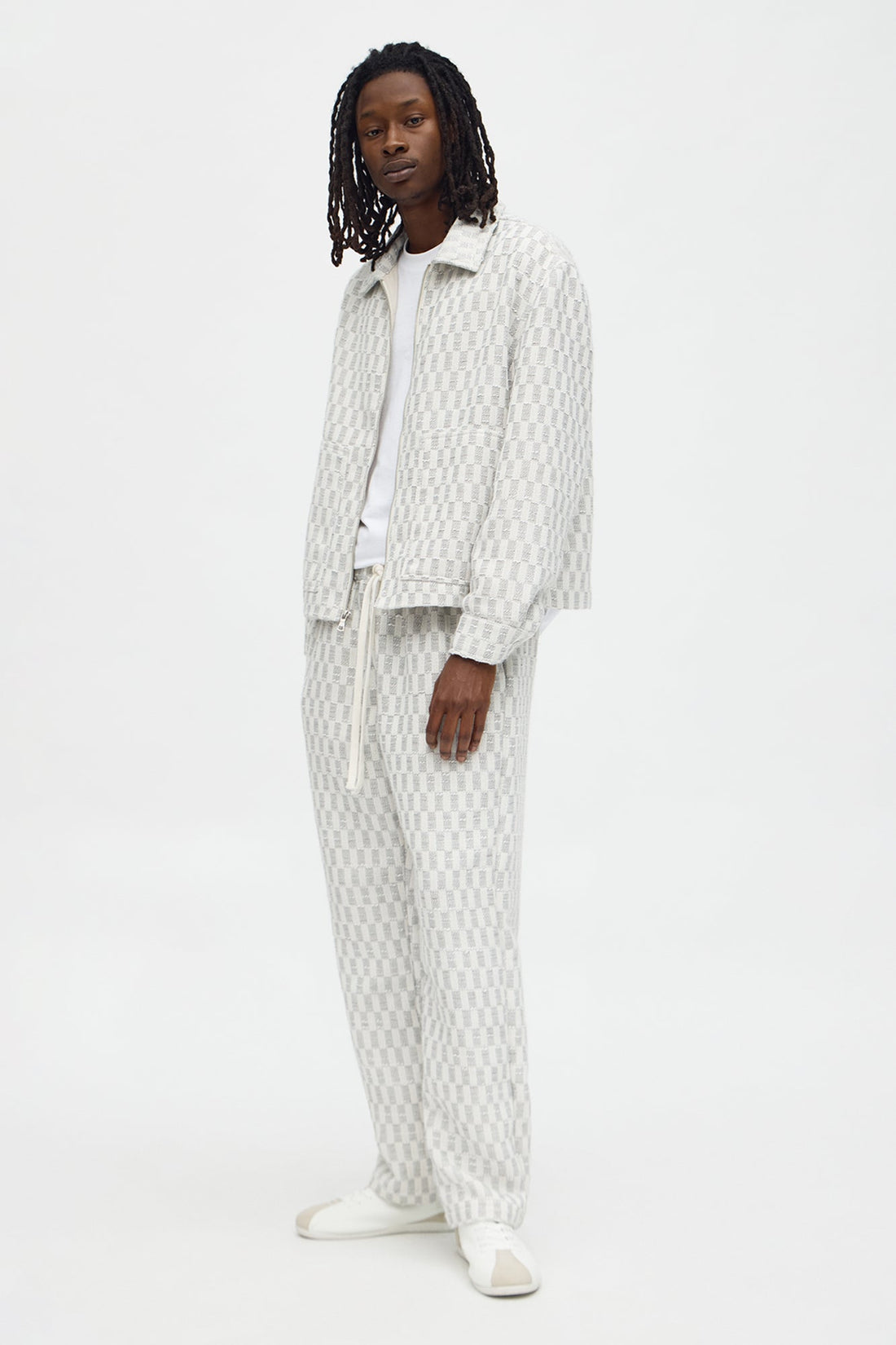 Relaxed Cropped Checker Work Jacket - Cream