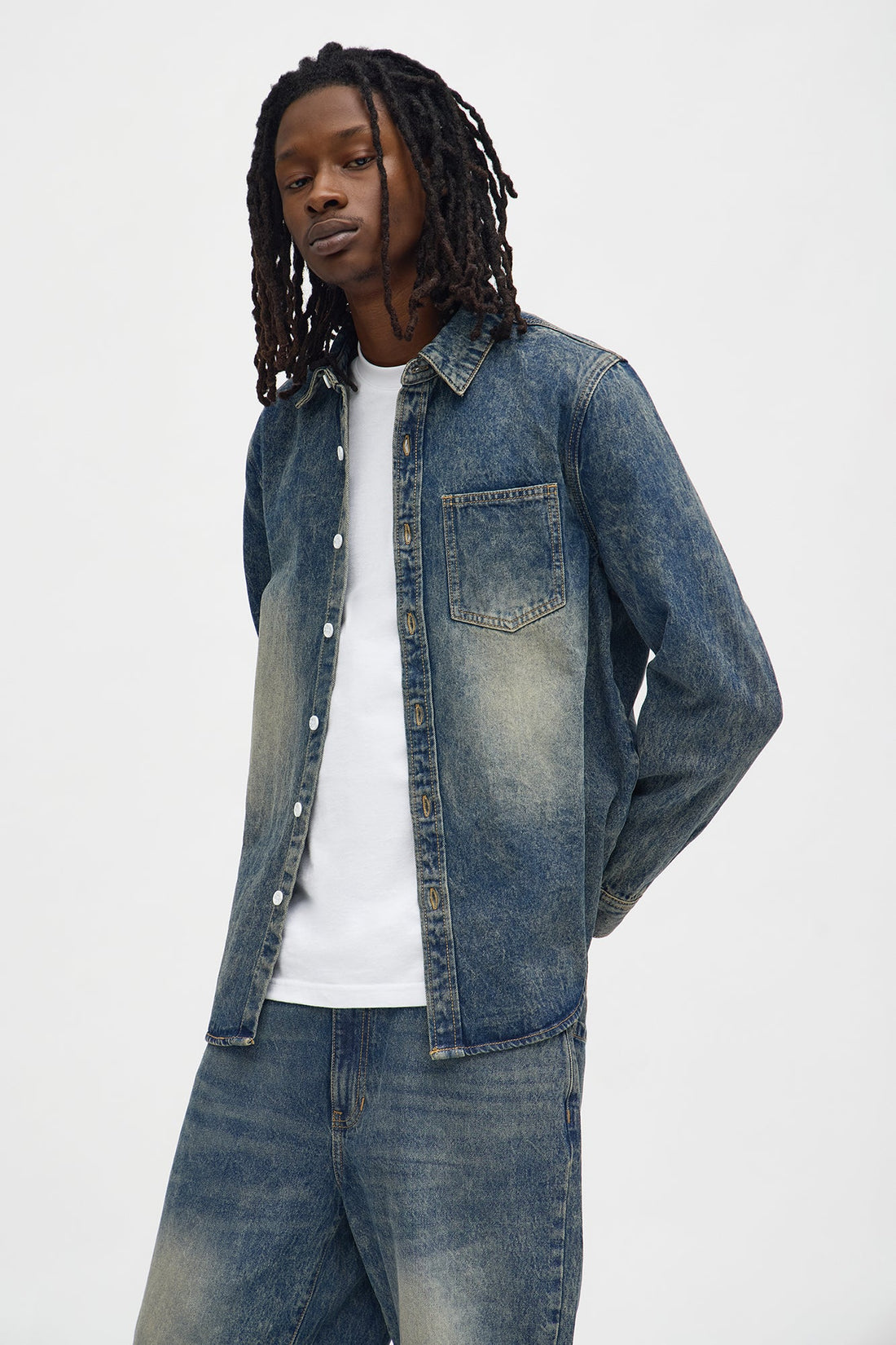 On My Revival Button Up Denim Shirt - Vintage Blue Wash