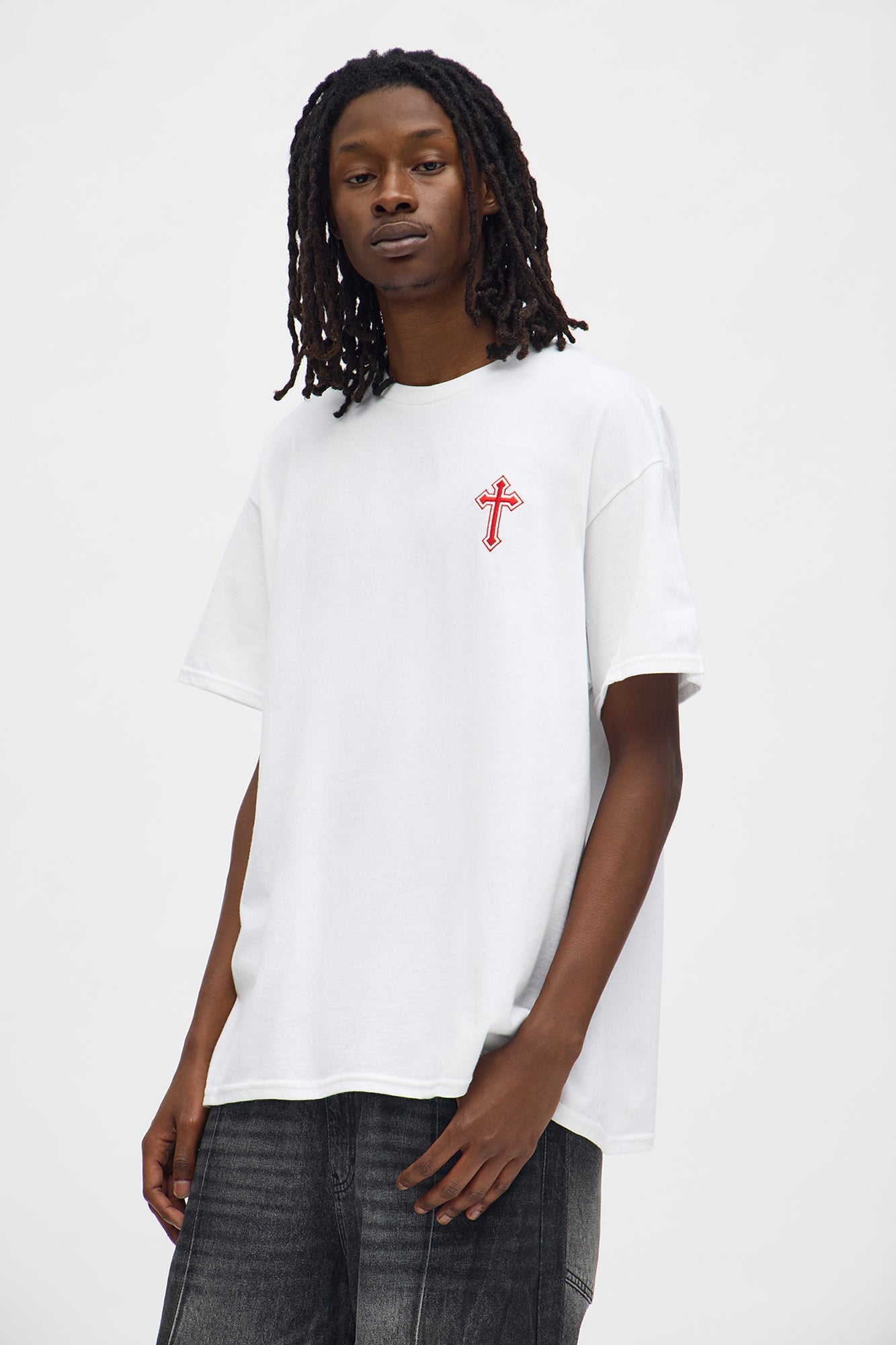 Blessed By The Cross Embroidery Oversized Short Sleeve Tee - White