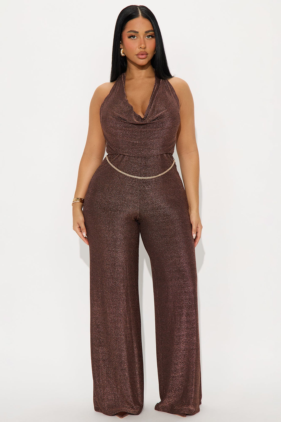 Galilea Metallic Halter Jumpsuit - Brown