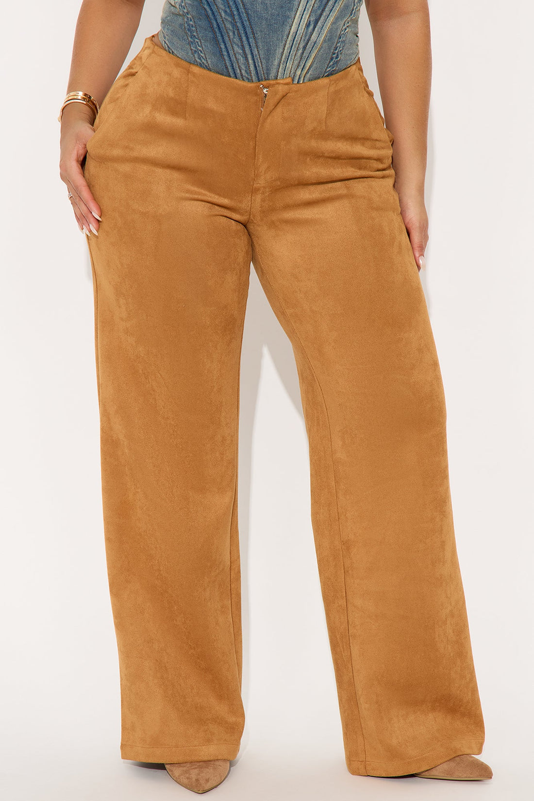 Retro Haze Faux Suede Wide Leg Pant 32″ - Camel