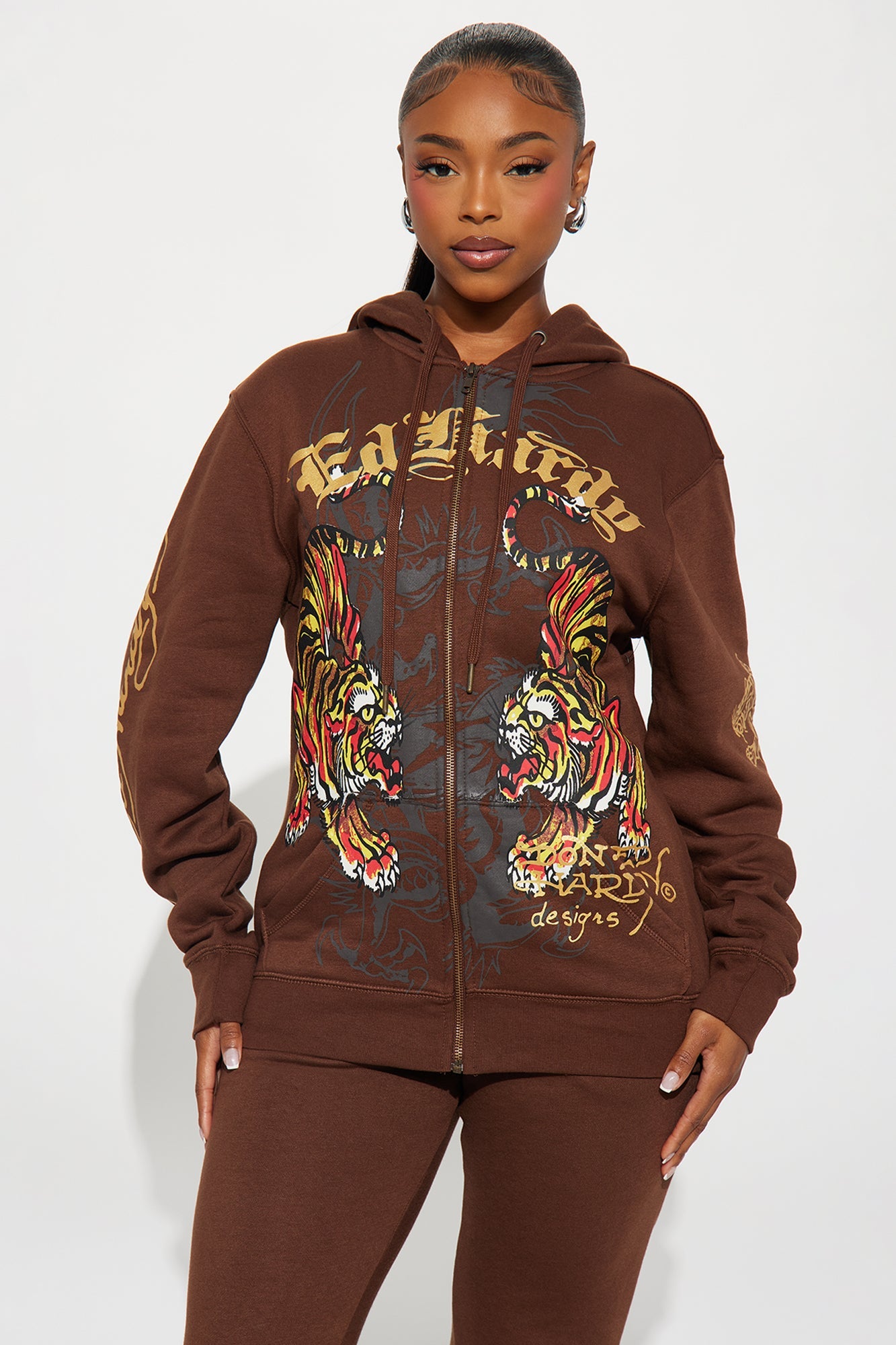 Ed Hardy Double Take Tiger Zip Up Hoodie - Brown