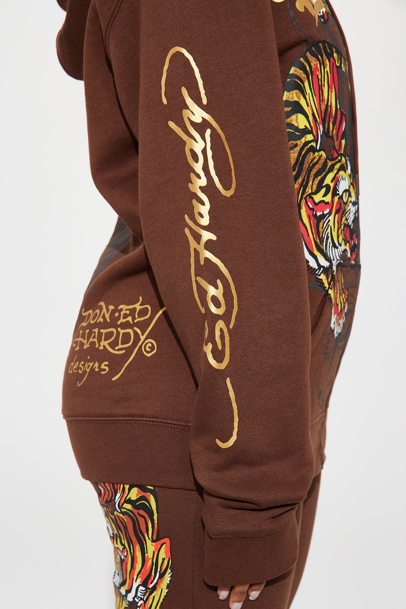 Ed Hardy Double Take Tiger Zip Up Hoodie - Brown