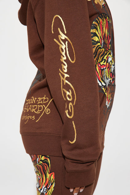 Ed Hardy Double Take Tiger Zip Up Hoodie - Brown