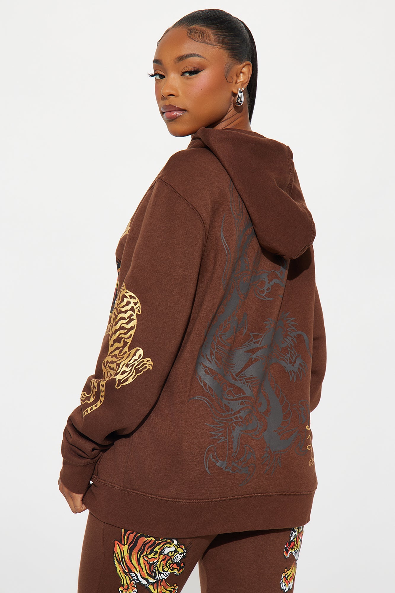 Ed Hardy Double Take Tiger Zip Up Hoodie - Brown