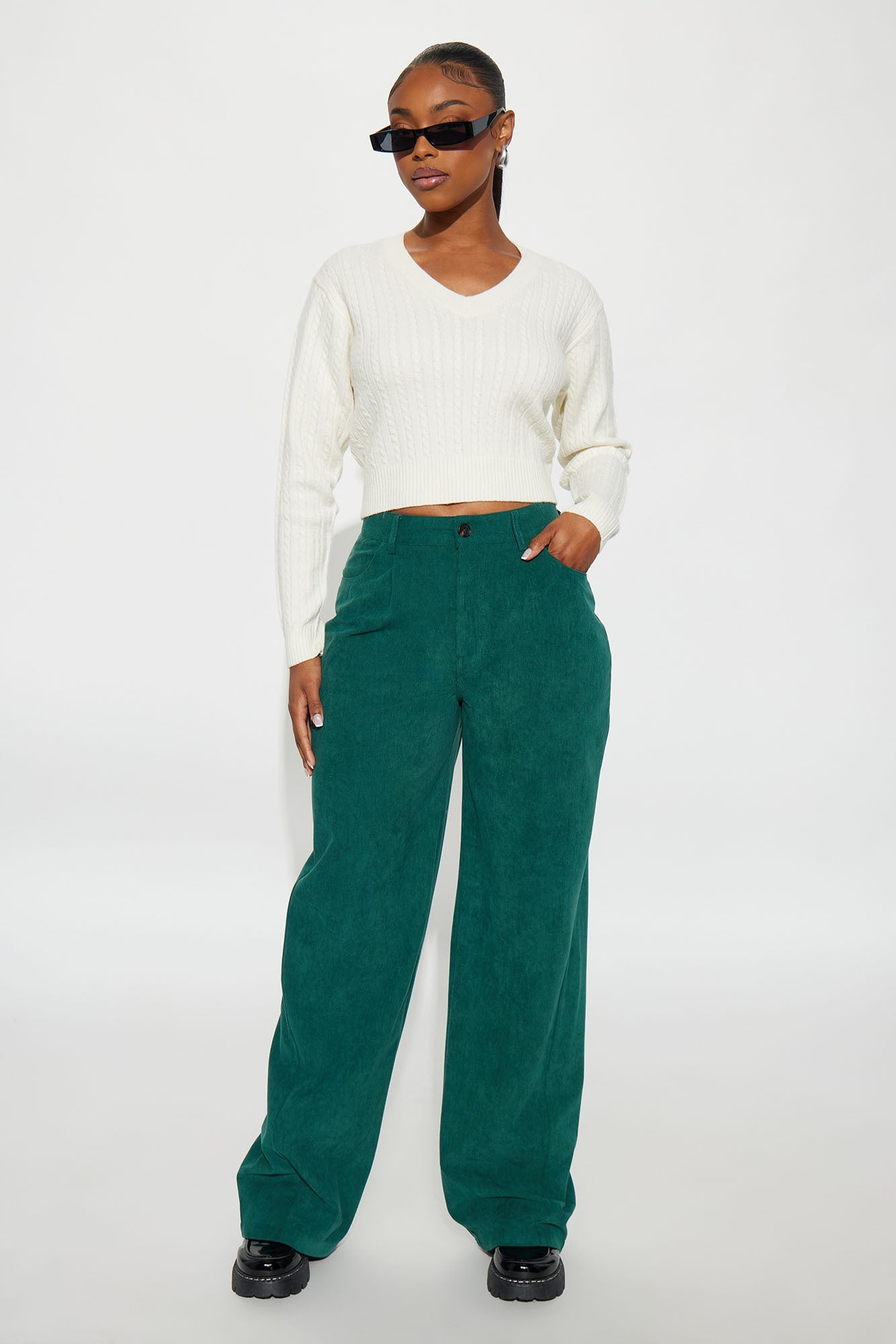 Everyday Casual Corduroy Wide Leg Pant 32″ - Hunter Green
