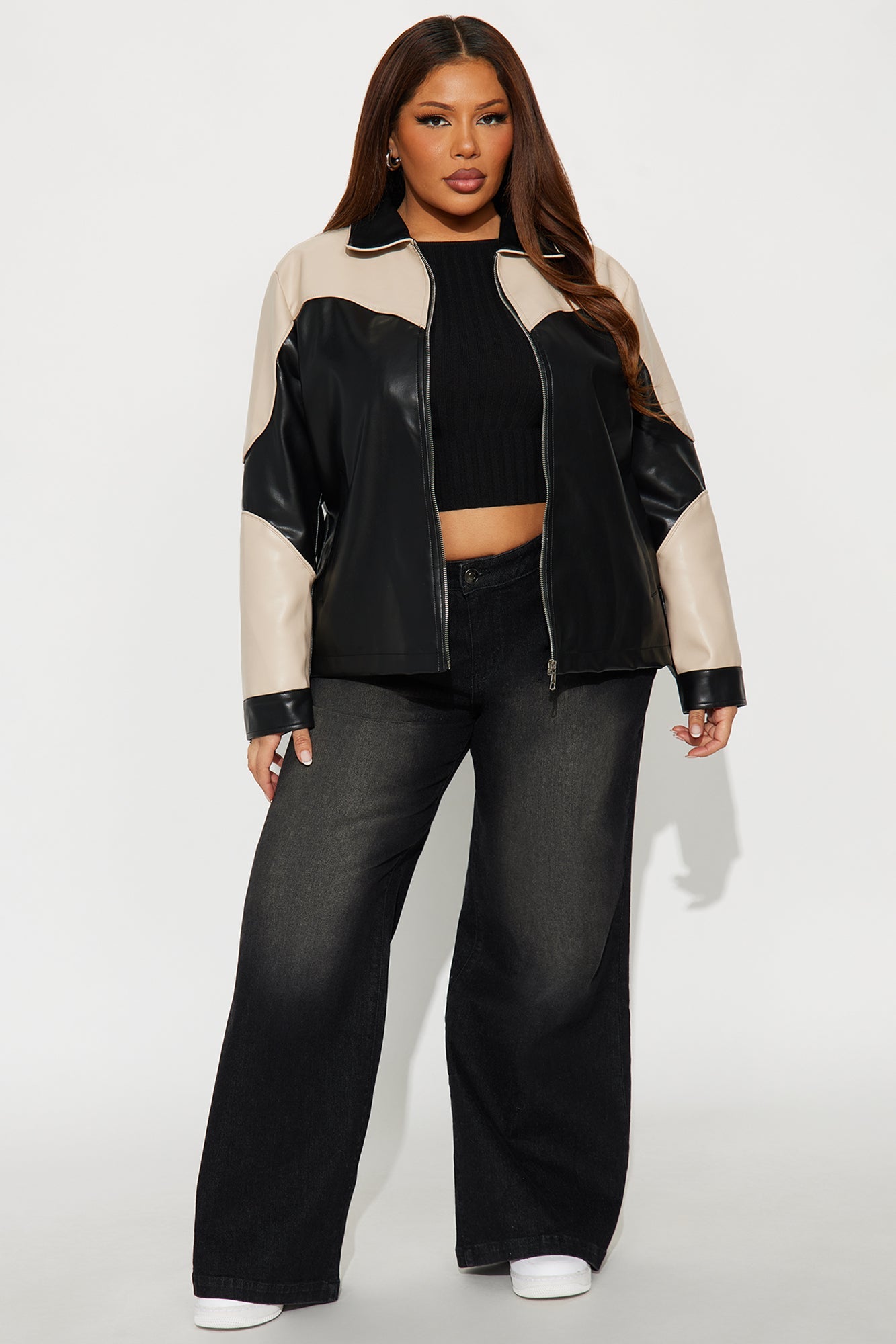 Jackie Oversized Faux Leather Moto Jacket - Taupe/combo