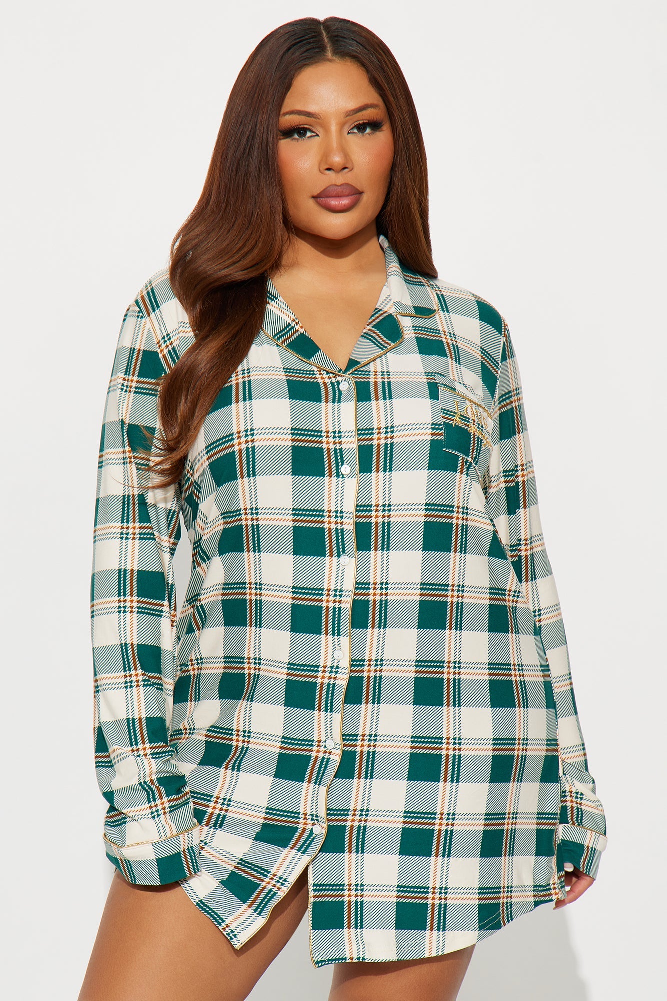 Love To Snooze Embroidered Glitter Long Sleeve PJ Sleep Shirt - Green/combo