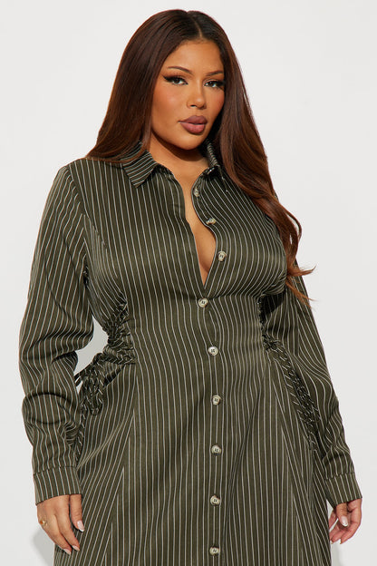 Veda Lace Up Pinstripe Midi Dress - Olive/combo