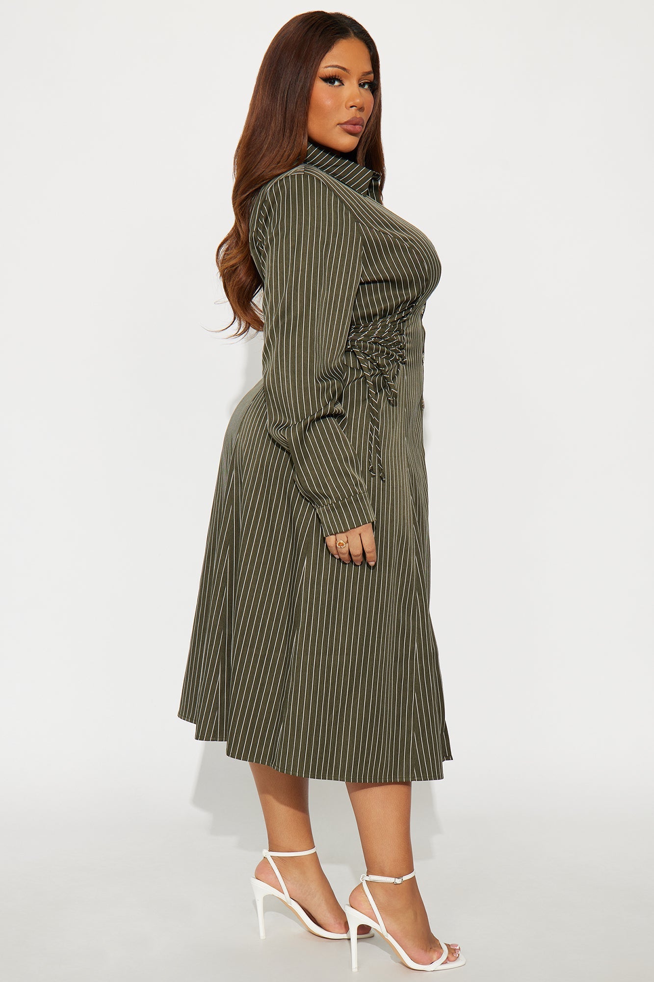 Veda Lace Up Pinstripe Midi Dress - Olive/combo