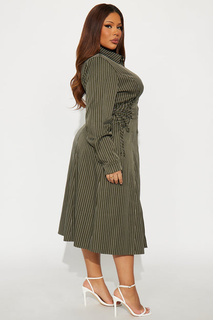 Veda Lace Up Pinstripe Midi Dress - Olive/combo