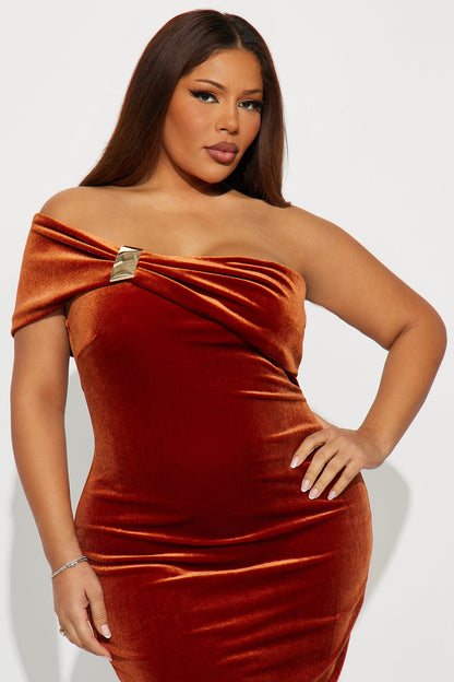 Nalani One Shoulder Velvet Midi Dress - Cognac