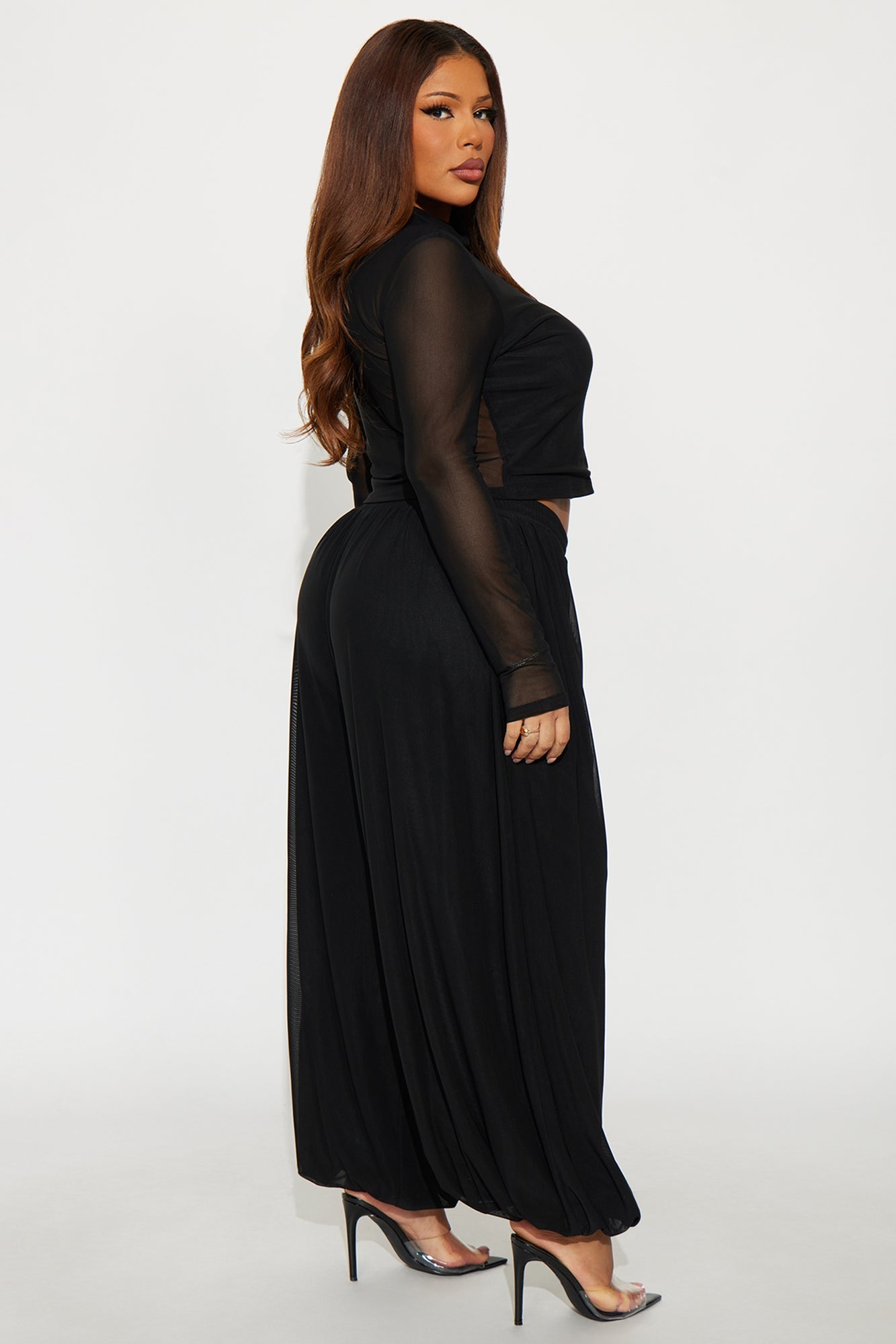 Mariah Mock Neck Mesh Balloon Pant Set - Black