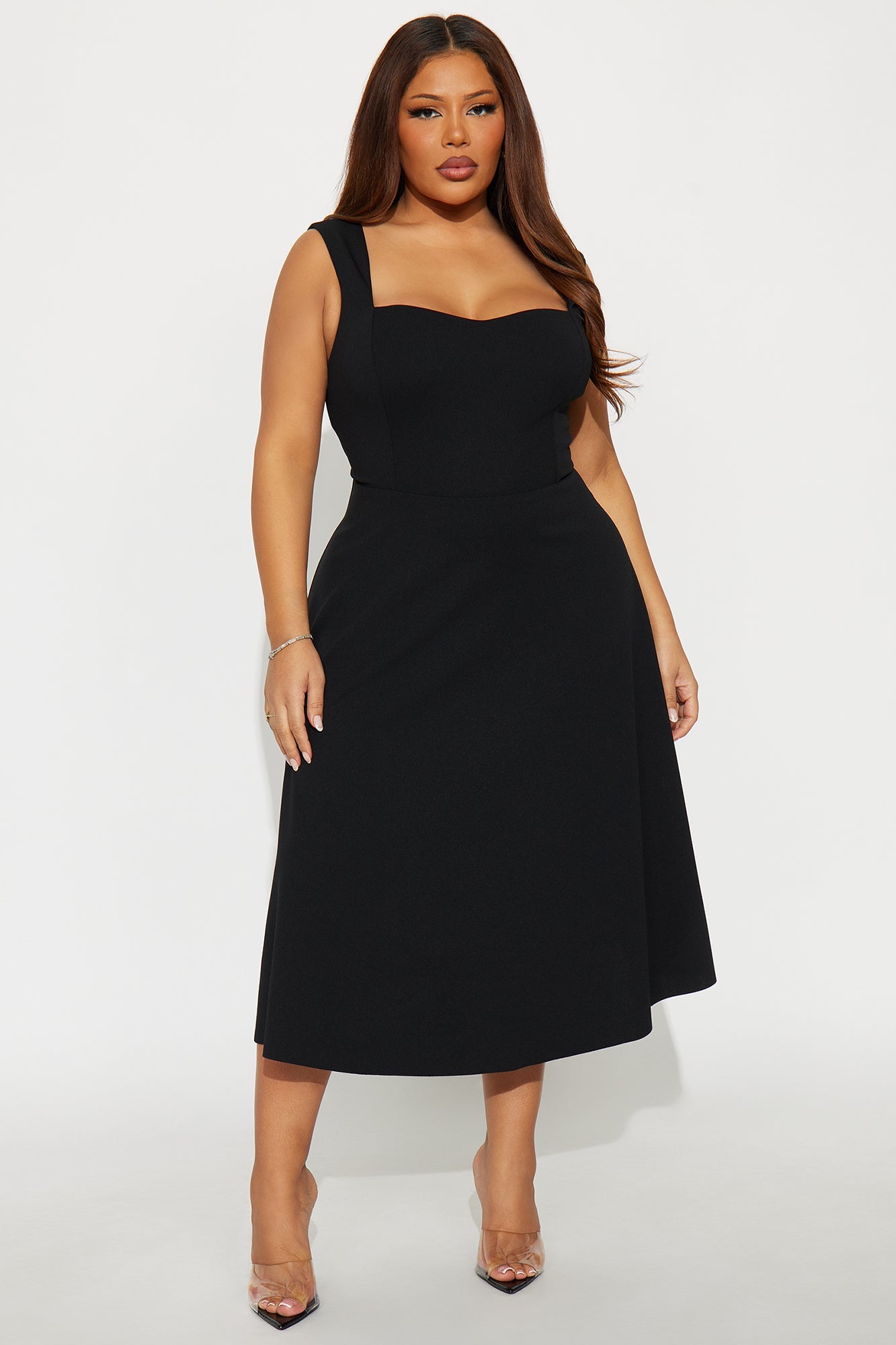 Amira Pleated A Line Midi Dress - Black