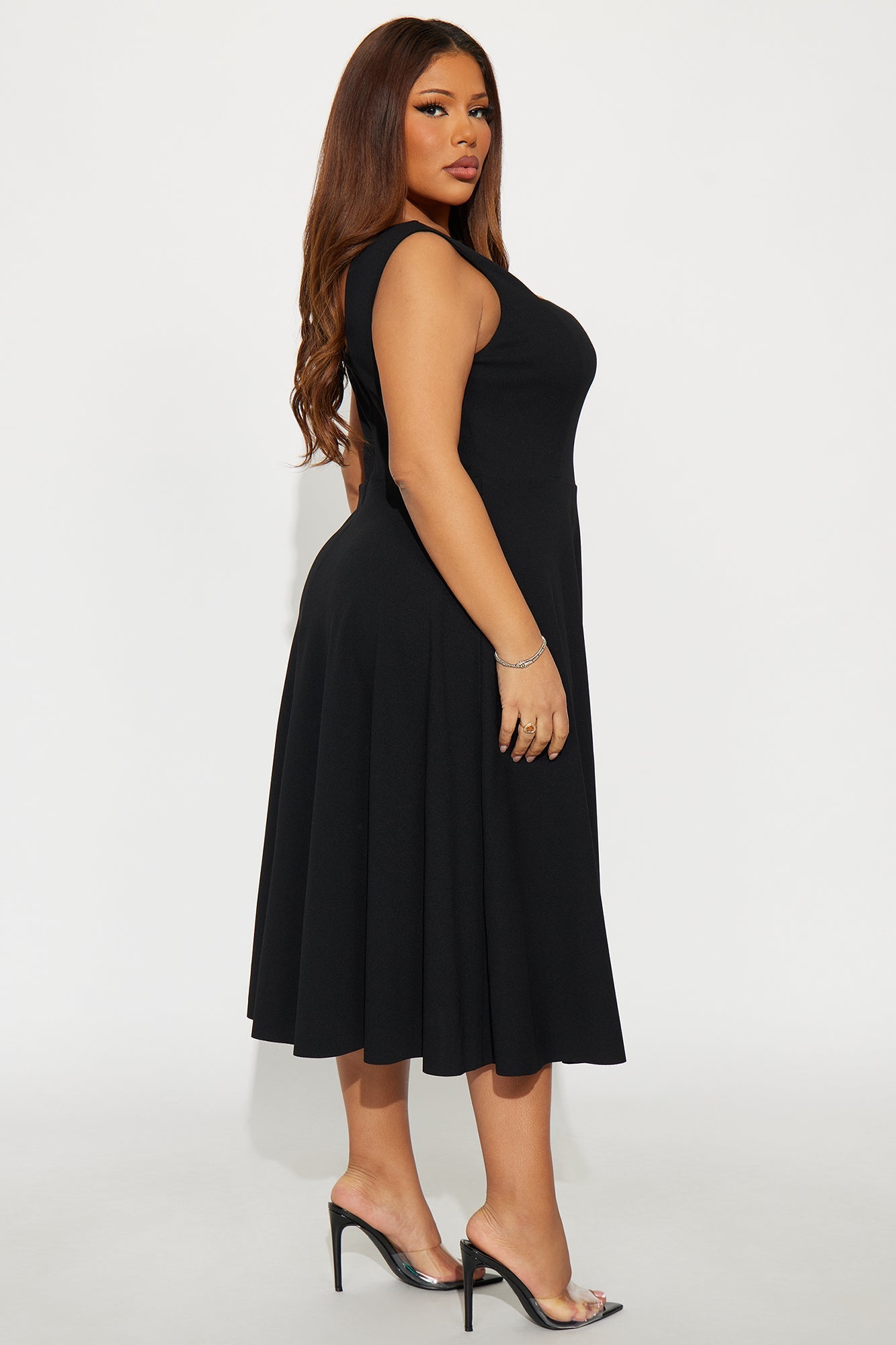 Amira Pleated A Line Midi Dress - Black