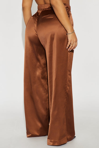 Avani Wide Leg Satin Pant 33 - Brown