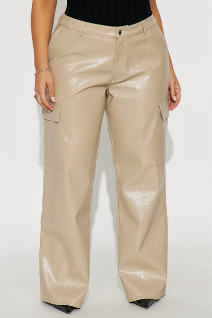 No Competition Here Faux Leather Wide Leg Croc Pant 33 - Bone