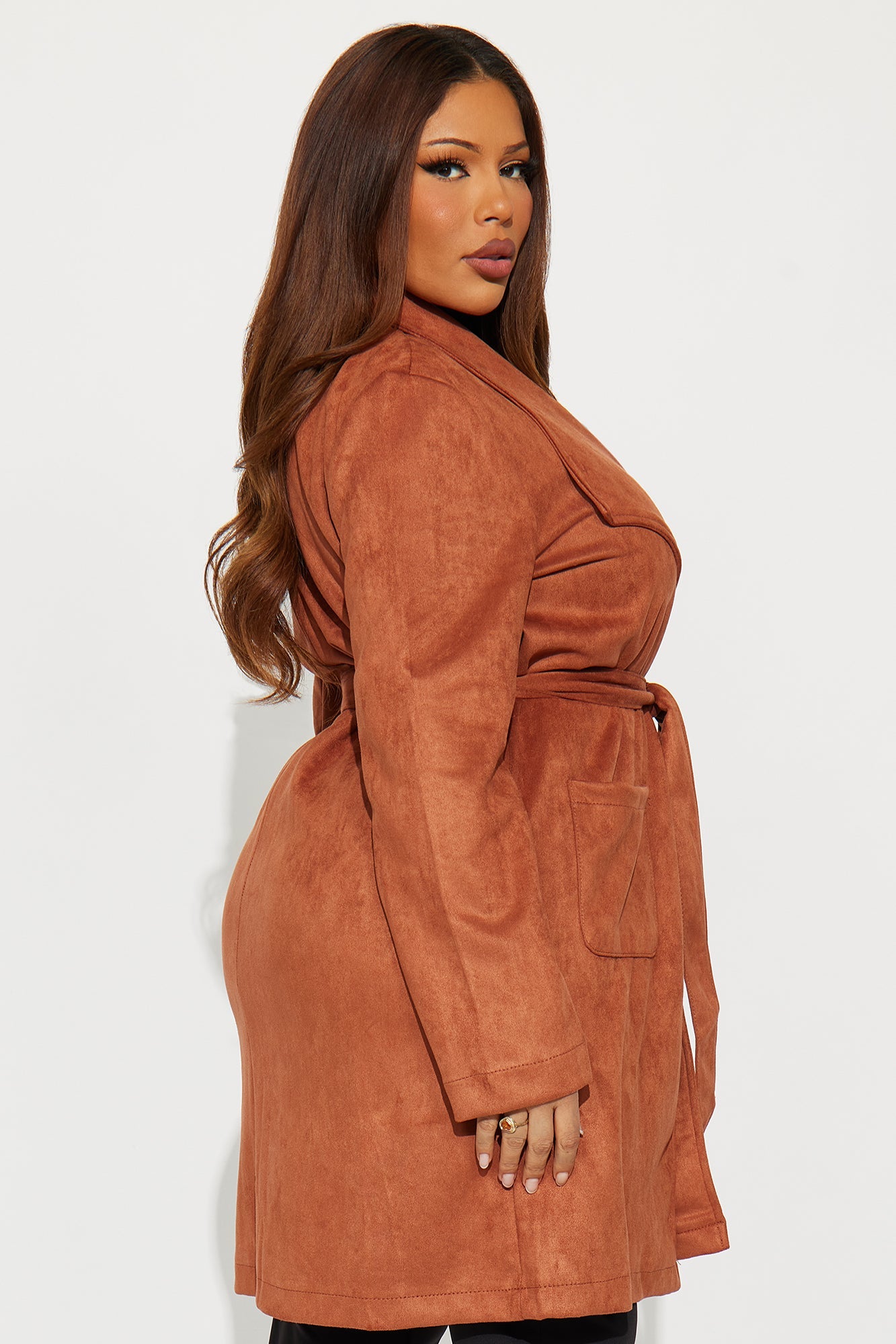 Gia Faux Suede Trench Coat - Cognac