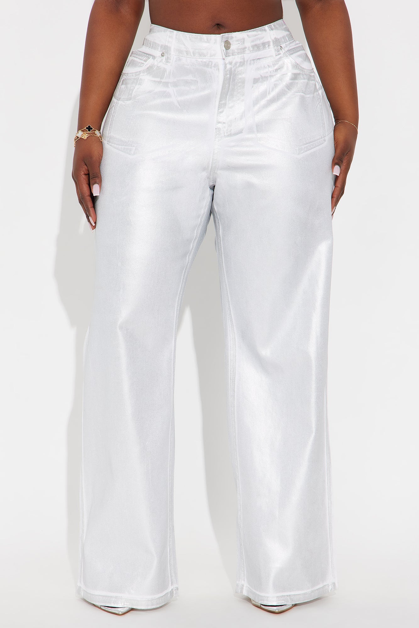 On The List Twill Rigid Wide Leg Metallic Pant 33 - White/Silver