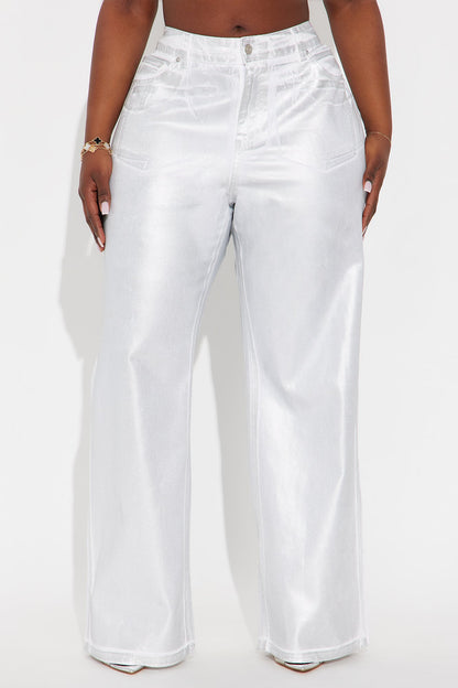 On The List Twill Rigid Wide Leg Metallic Pant 33 - White/Silver