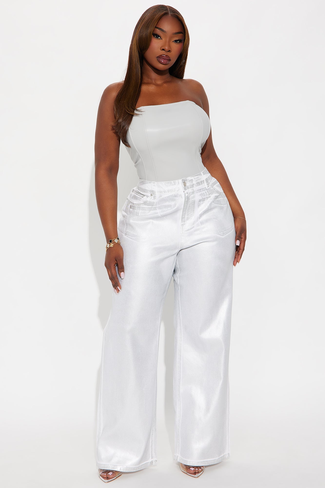 On The List Twill Rigid Wide Leg Metallic Pant 33 - White/Silver